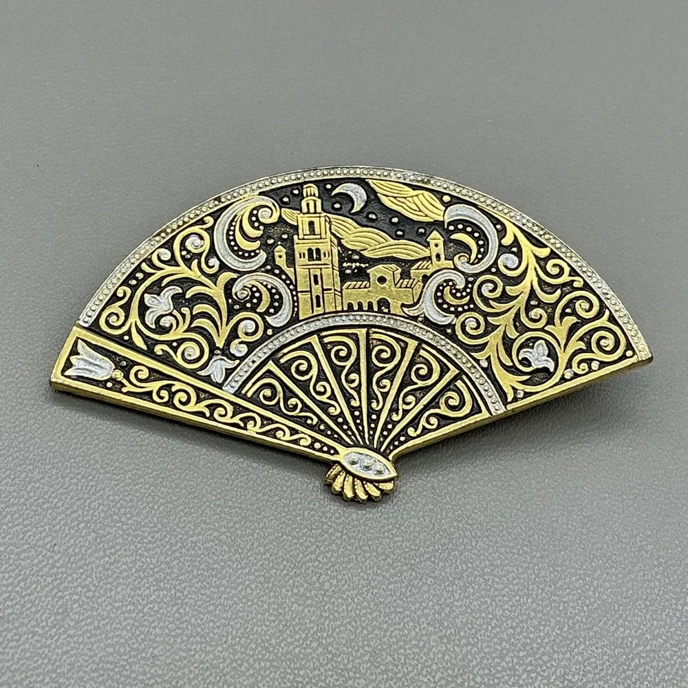 Gold Tone Fan Brooch Pin Damascene Cityscape Black Enamel Costume Jewelry 2